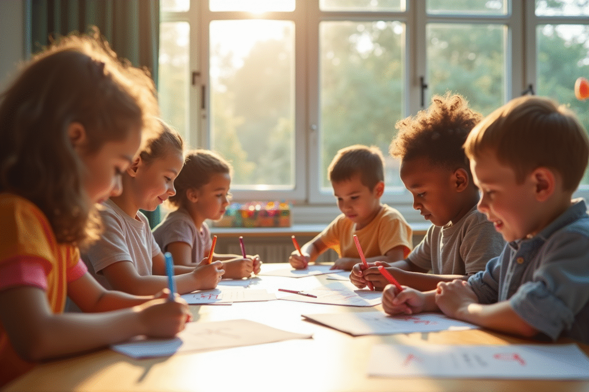 Groupe d'enfants d'école primaire dans une classe lumineuse