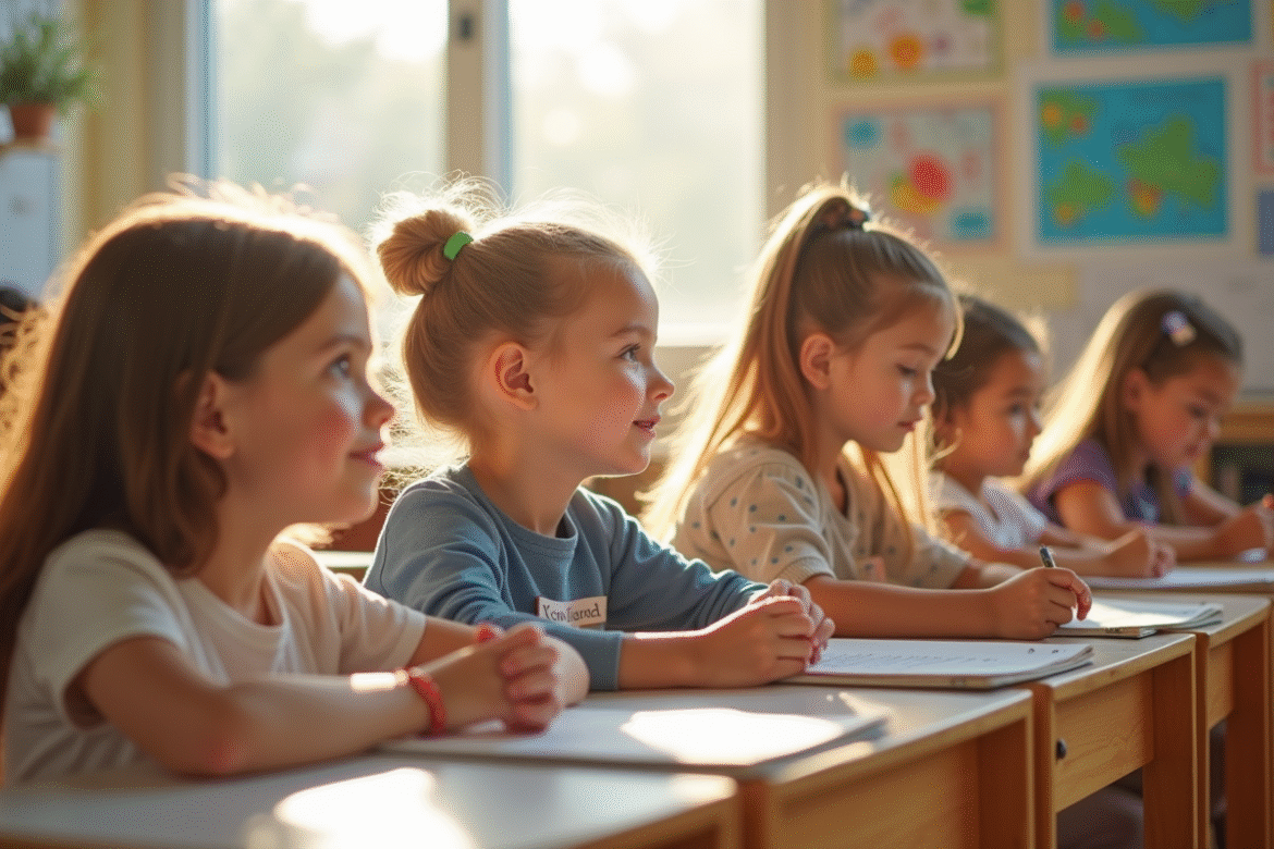 Groupe d'enfants en classe lumineuse avec noms en 'A'