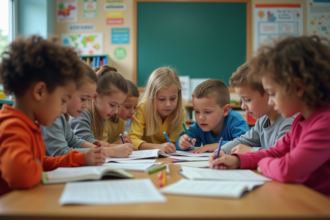 Enfants d age scolaire collaborant autour d une table