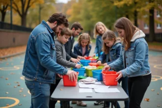 Groupe de parents et enfants organisant des jeux à l'extérieur