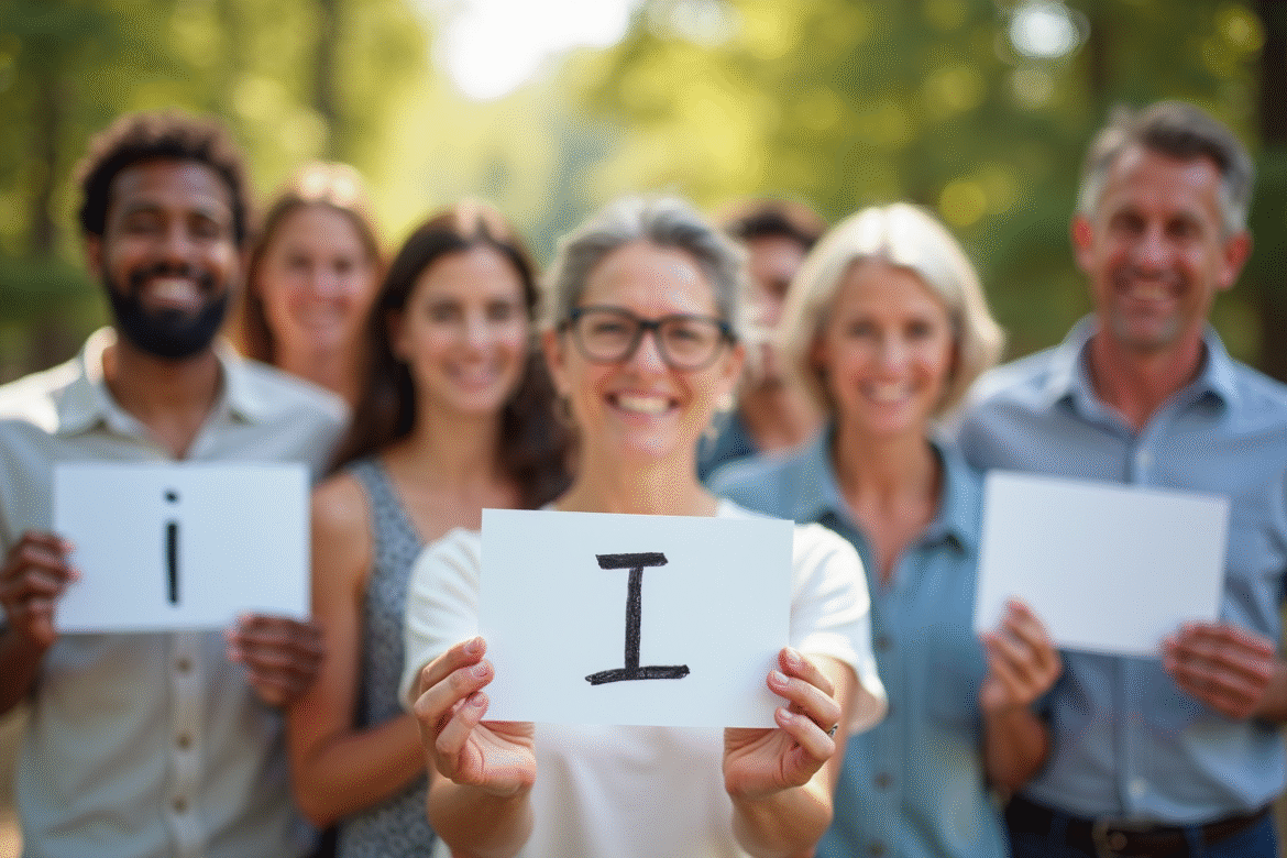 Groupe de personnes souriantes avec noms en I en extérieur