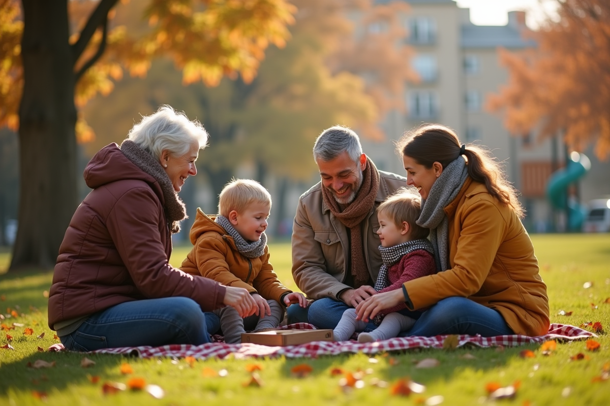 Trois générations jouant ensemble dans un parc en automne