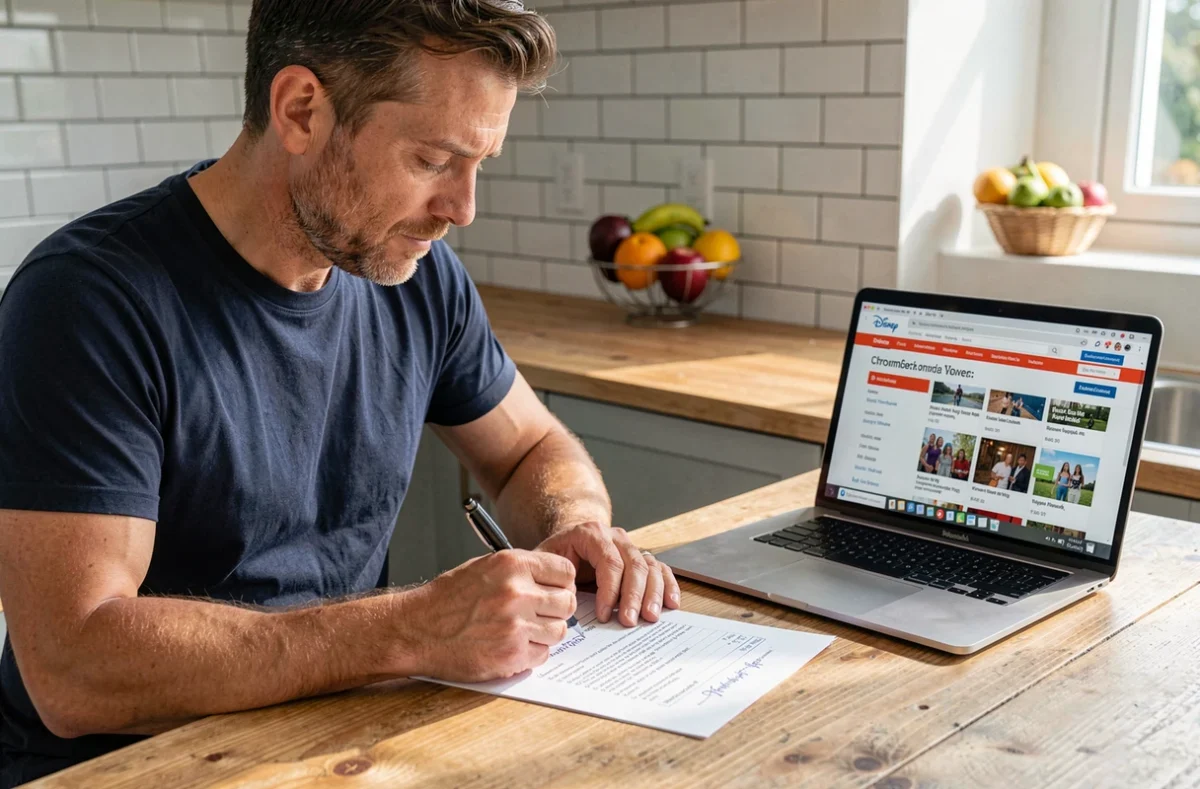 Homme consultant un guide d'ordre de visionnage Disney sur ordinateur portable tout en prenant des notes manuscrites sur une liste imprimée