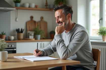 Homme pensif regardant un calendrier dans une cuisine lumineuse