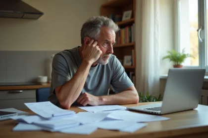 Homme au chômage inquiet consultant des documents financiers liés à l'obligation alimentaire