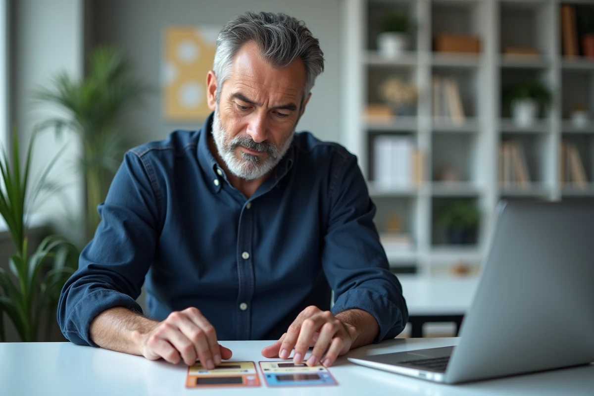 Homme comparant deux modèles de cartes à gratter personnalisées sur bureau moderne pour choisir selon l'occasion