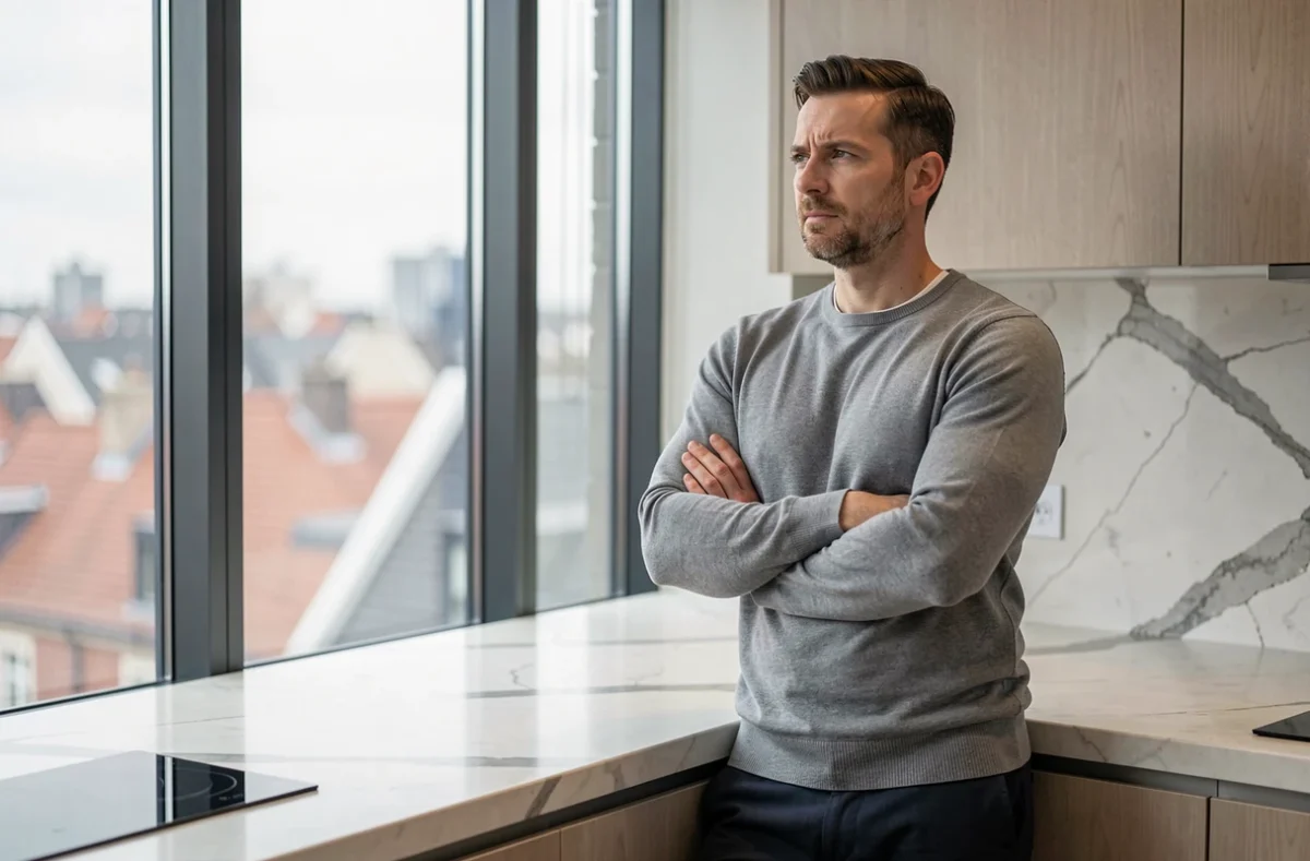 Homme au regard pensif dans une cuisine moderne, symbolisant la réflexion intérieure face aux dilemmes sentimentaux
