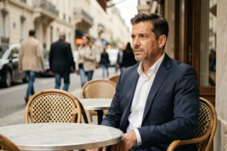 Homme élégant assis seul à une terrasse de café parisien, évoquant une complicité de couple discrète