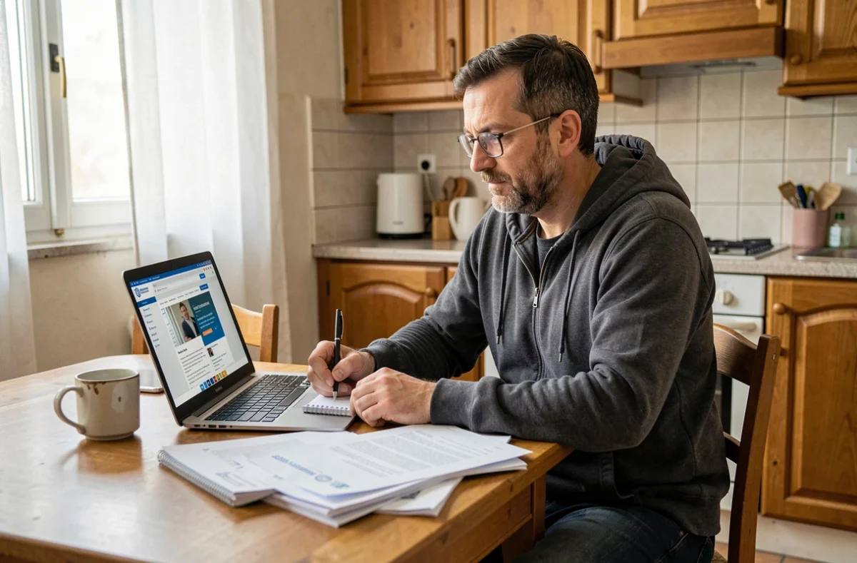 Homme handicapé recherchant ses droits au cumul de l'AAH et de l'allocation chômage sur son ordinateur à domicile