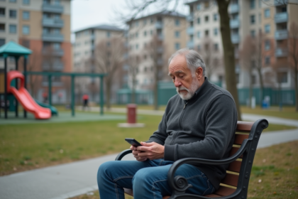 Homme d'âge moyen seul sur un banc de parc urbain