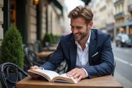Homme en costume lisant dans un café parisien en extérieur