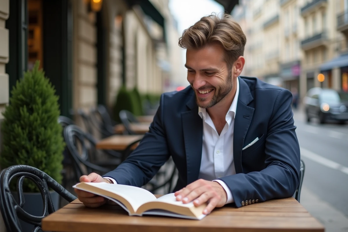 Homme en costume lisant dans un café parisien en extérieur