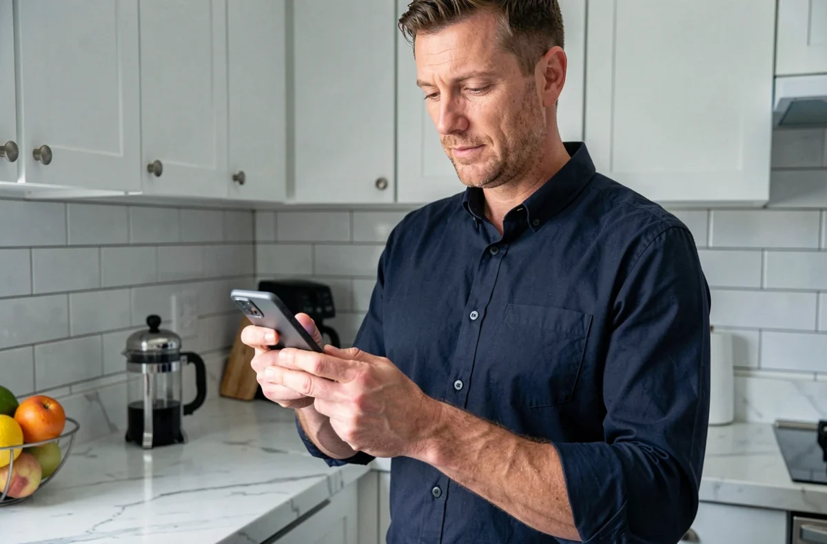 Homme consultant les paramètres de confidentialité de son compte sur smartphone dans une cuisine moderne