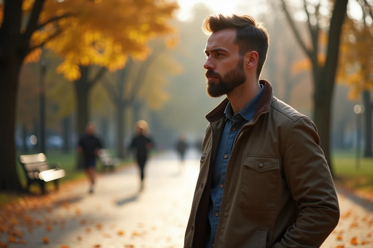 Homme pensif dans un parc parisien en automne