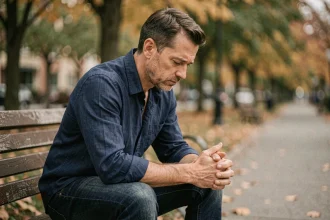 Homme pensif assis seul sur un banc de parc en automne, illustrant la complexité des sentiments amoureux partagés