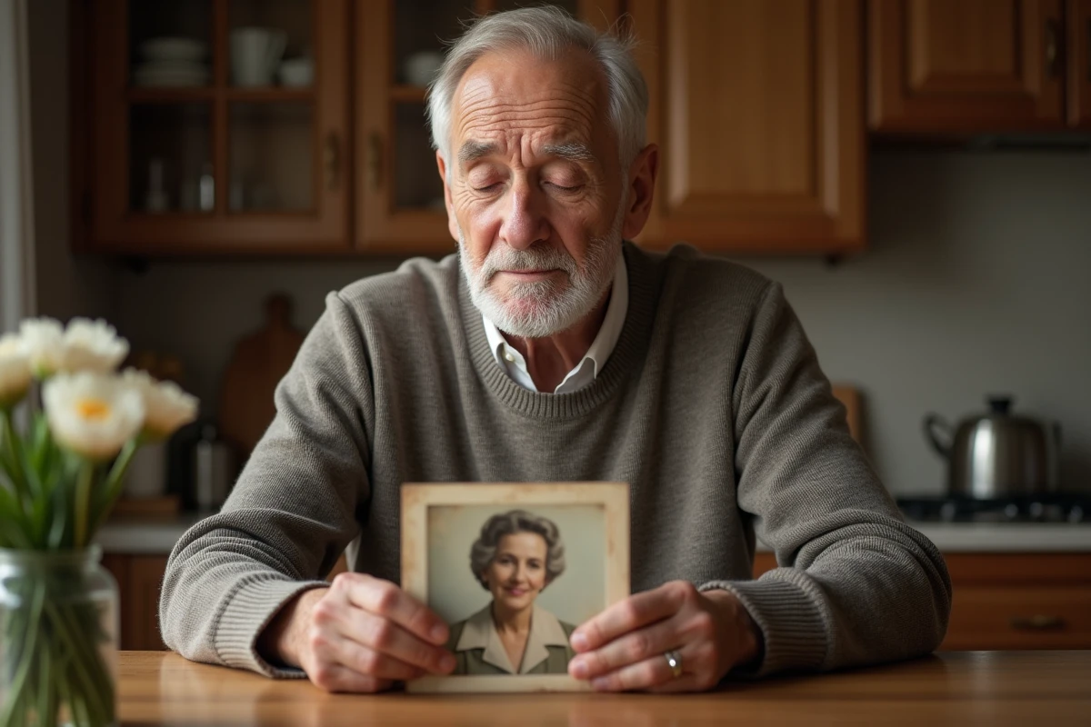 Homme âgé tenant une photo de souvenir