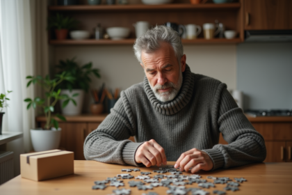 Homme d'âge moyen avec pull en laine joue au puzzle dans la cuisine