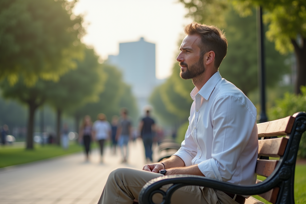 Homme pensif assis sur un banc dans un parc urbain