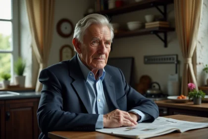 Homme âgé en costume dans un intérieur chaleureux