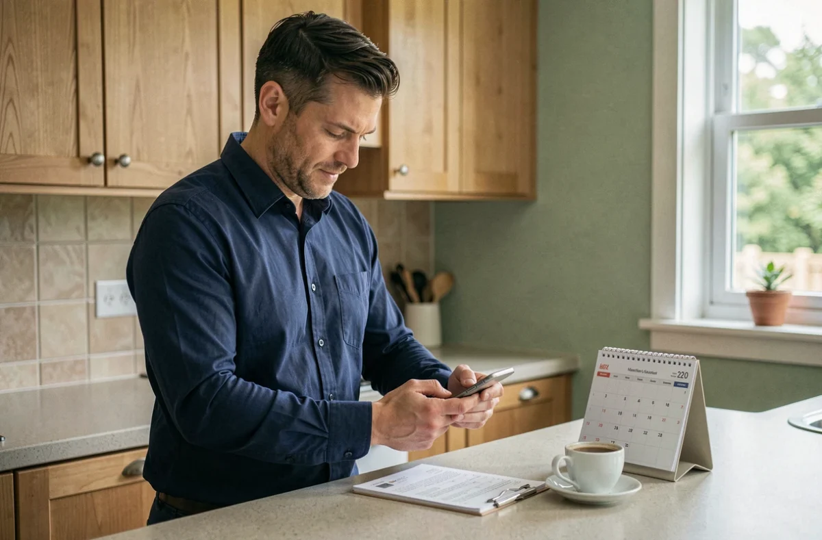 Homme consultant un calendrier et un smartphone pour vérifier les numéros de semaines dans une cuisine