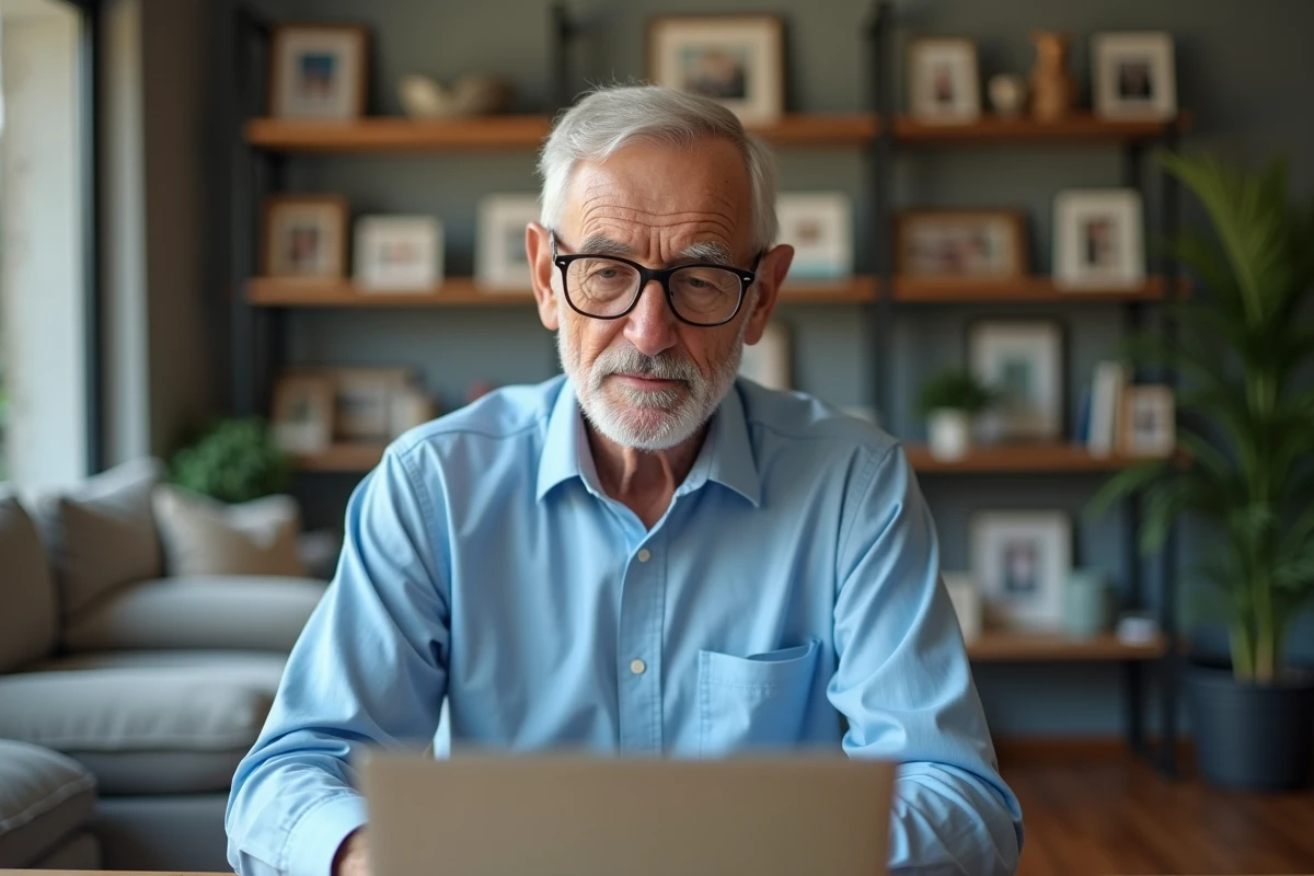 Homme âgé vérifiant ses paramètres Famileo sur son ordinateur dans le salon
