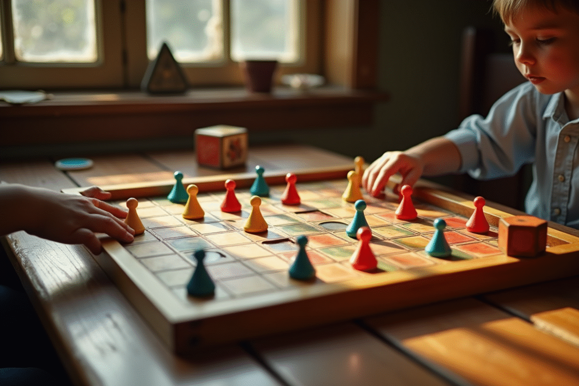 Plateau de jeu de l'oie vintage sur une table en bois