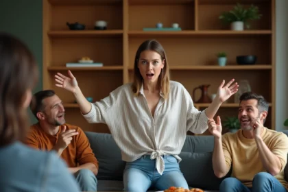 Groupe d'adultes jouant à un jeu de mimes animé dans un salon convivial