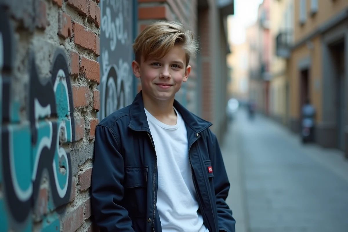 Jeune adolescent dans une ruelle urbaine européenne, pose naturelle et décontractée, photographie éditoriale