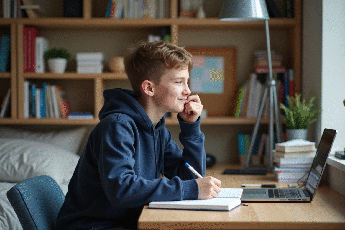 Jeune garçon étudiant dans un bureau cosy en train d'écrire