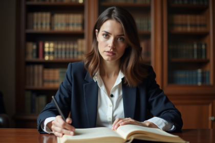 Jeune femme en blouse blanche lit la déclaration des droits de l homme