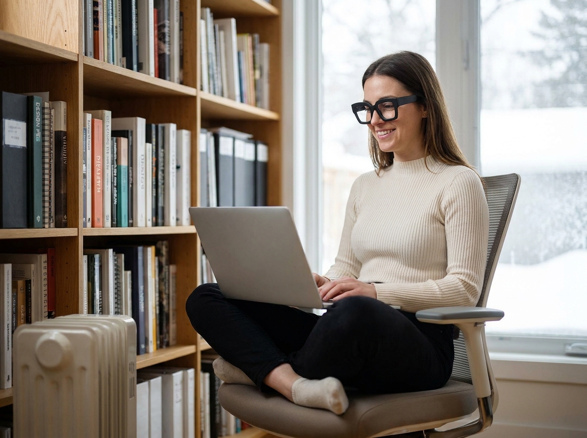 Jeune femme en lunettes noires géométriques travaillant sur laptop dans un bureau cosy en hiver