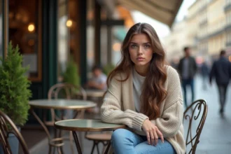 Jeune femme assise à un café parisien regardant au loin