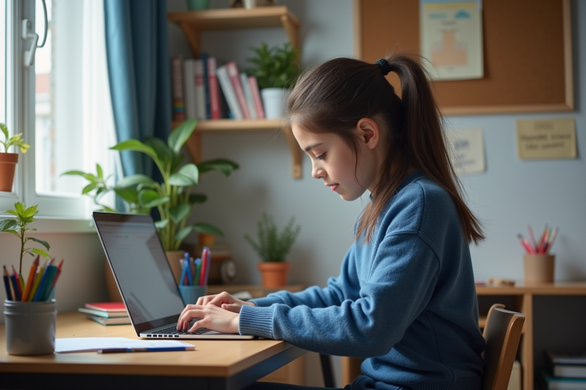 Jeune fille de 16 ans concentrée sur son ordinateur dans sa chambre