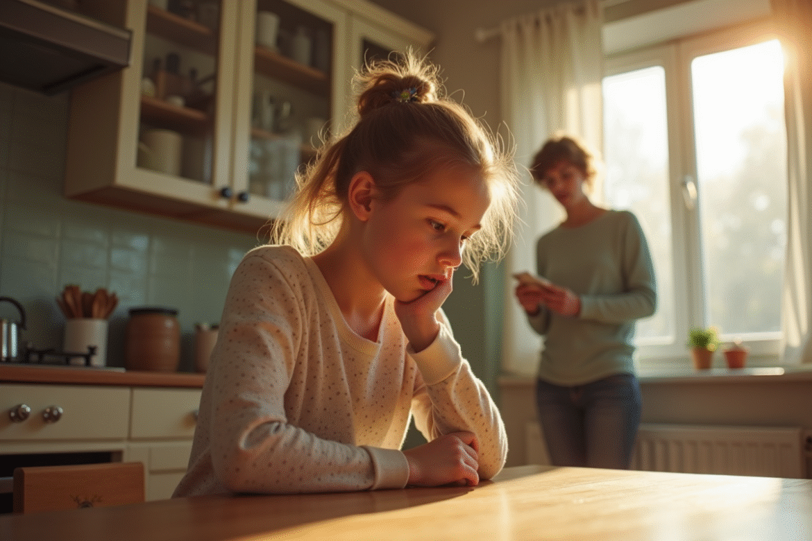 Jeune fille assise à une table lumineuse en réfléchissant