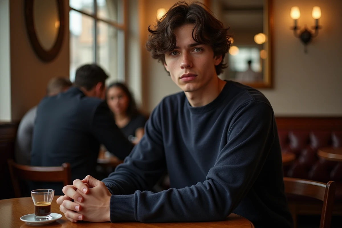 Jeune homme introspectif assis dans une brasserie parisienne évoquant le mystère de l'identité et de la discrétion familiale