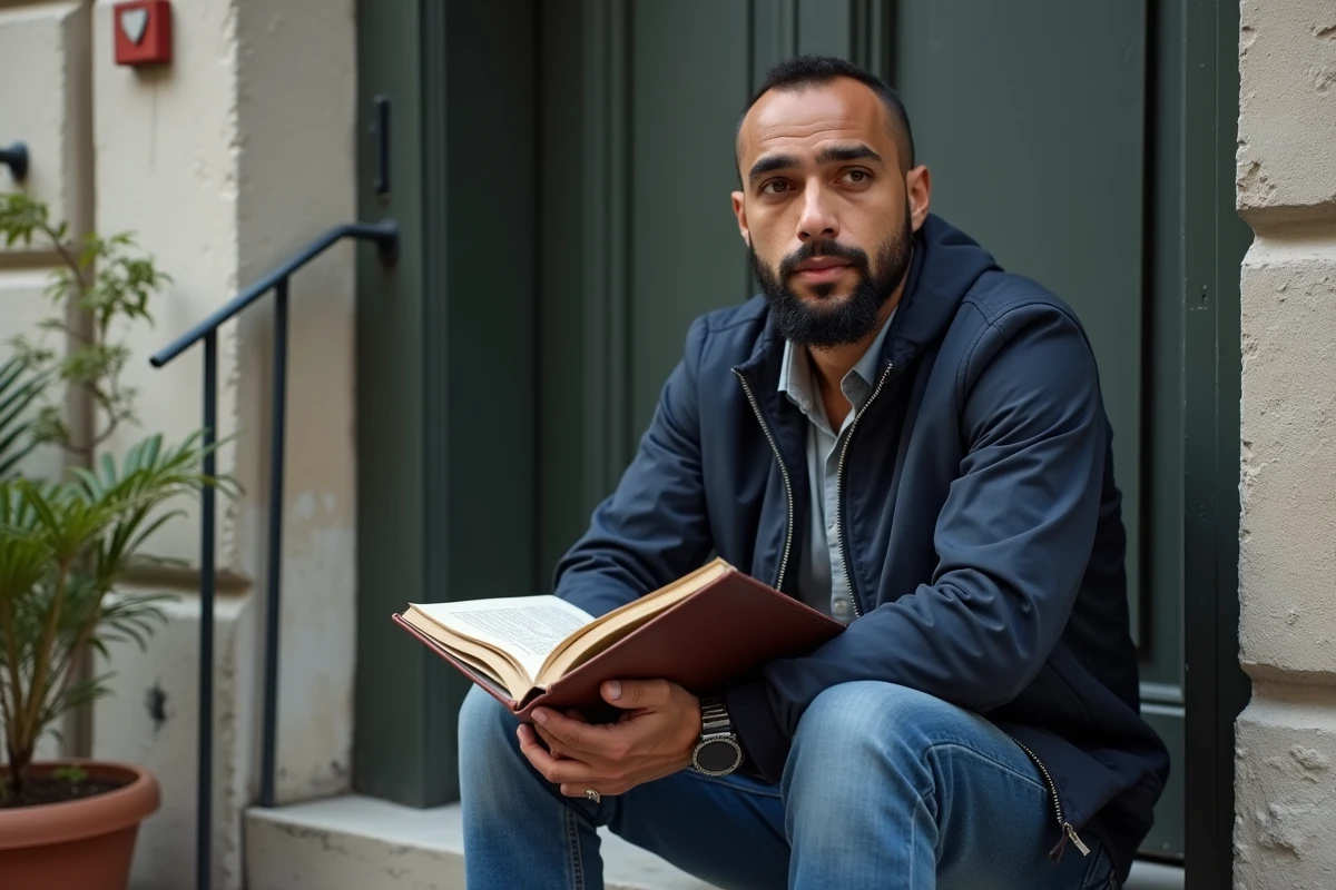 Jeune homme franco-algérien tenant un album de famille devant un immeuble en France, évoquant le parcours entre deux cultures