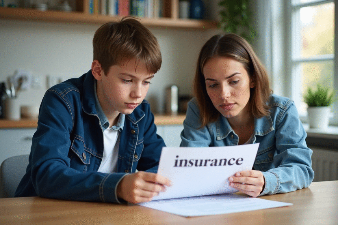 Adolescent avec sa mère regardant un document d'assurance