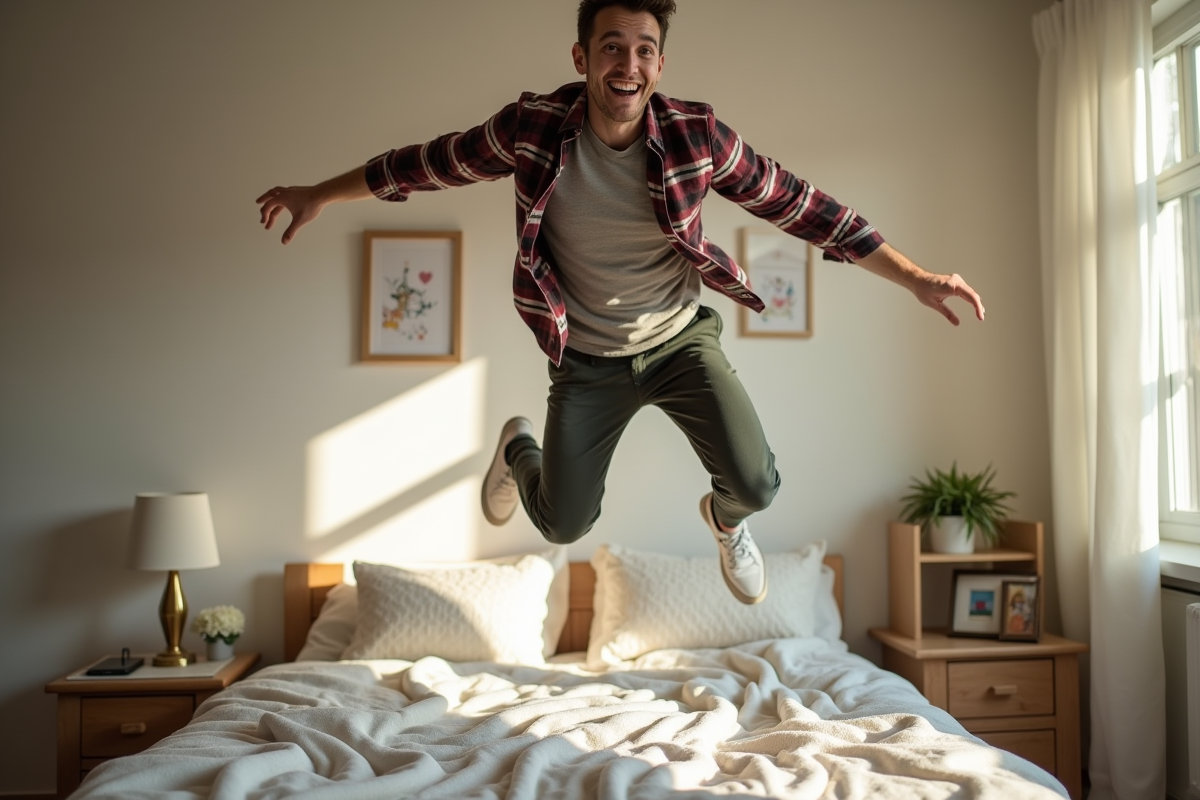 Jeune homme sautant sur un lit dans une chambre chaleureuse