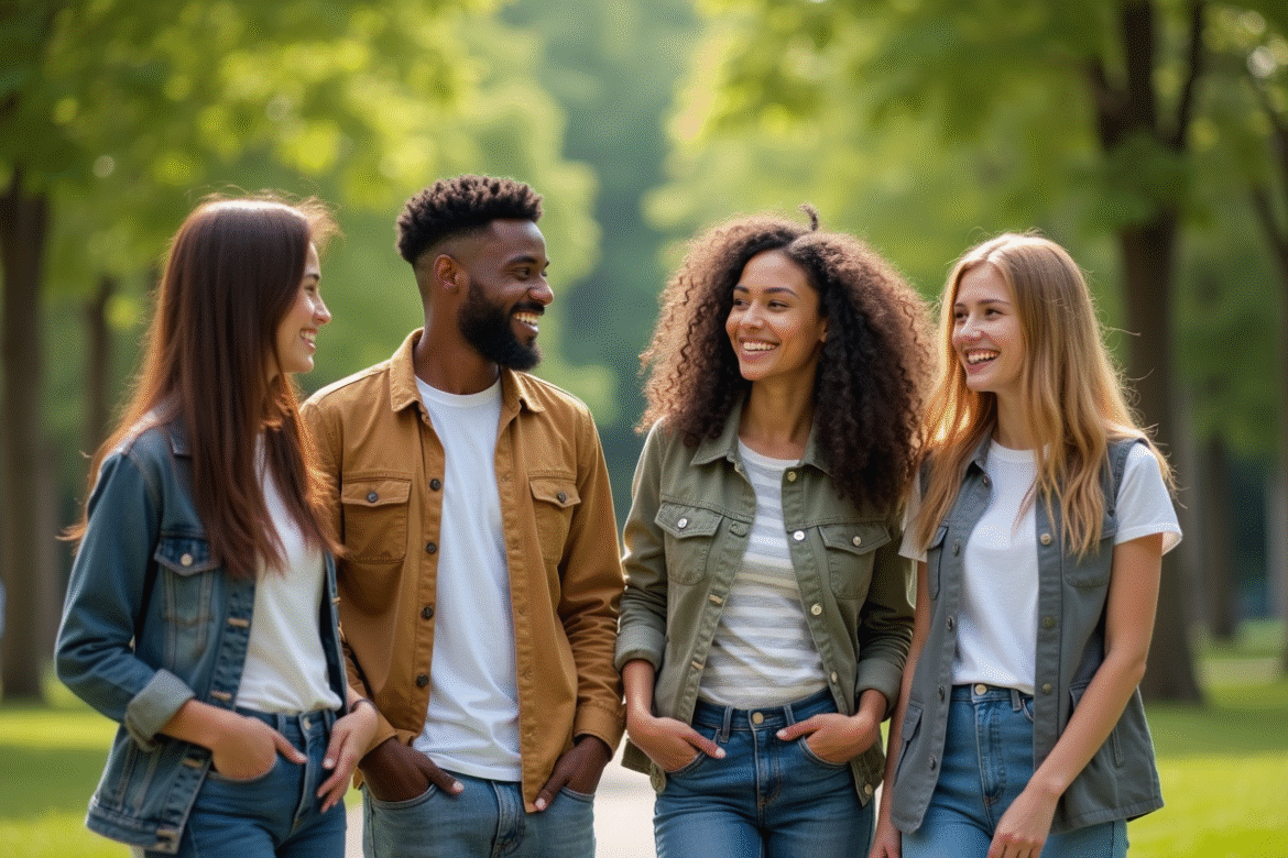 Groupe de jeunes adultes dans un parc en 1990s