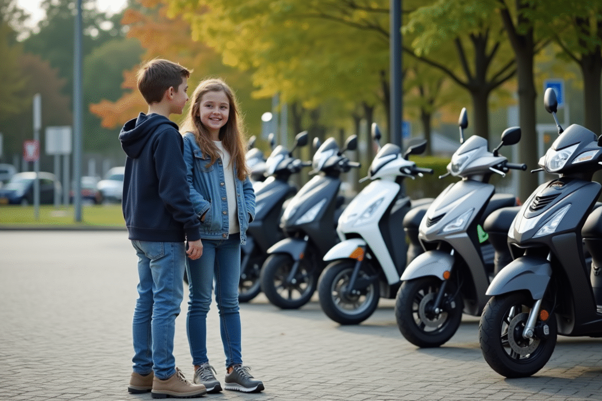 Adolescents discutant devant des scooters modernes en extérieur