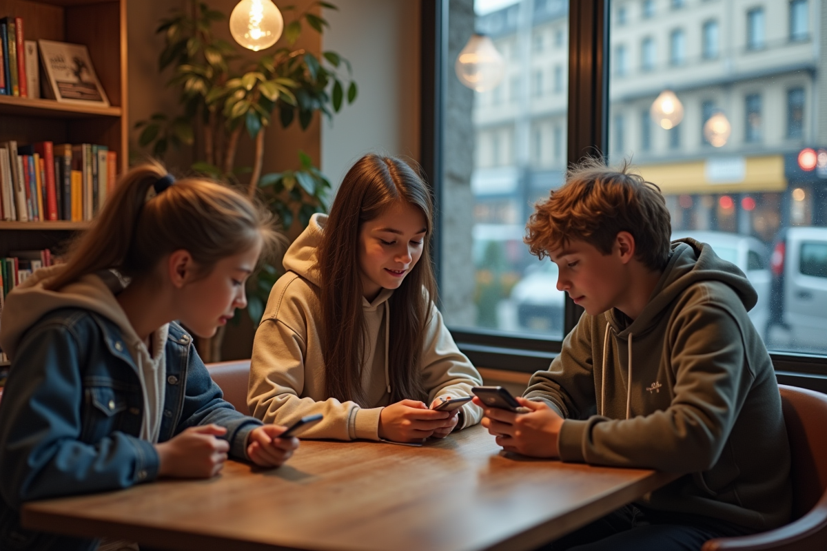 Jeunes absorbés par leurs smartphones dans un café chaleureux