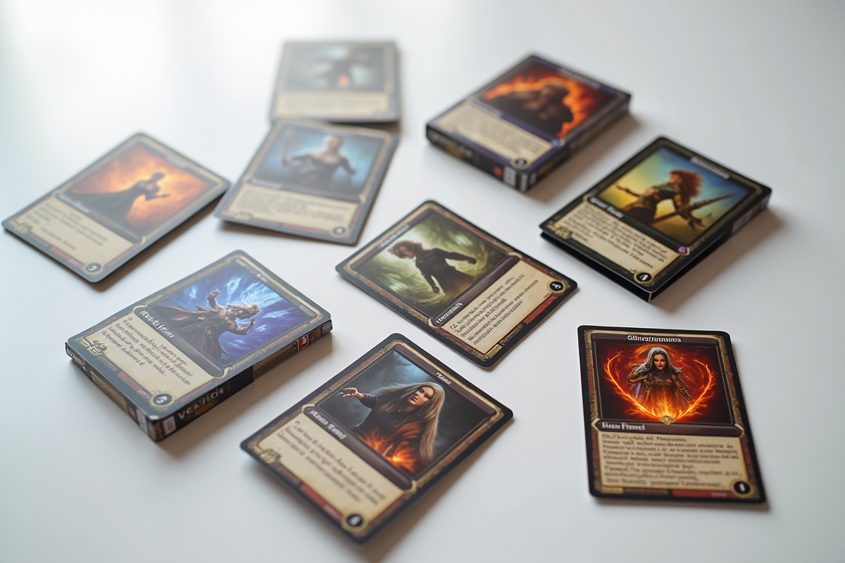 Jeux de cartes et boîtes sur une surface blanche bien rangée