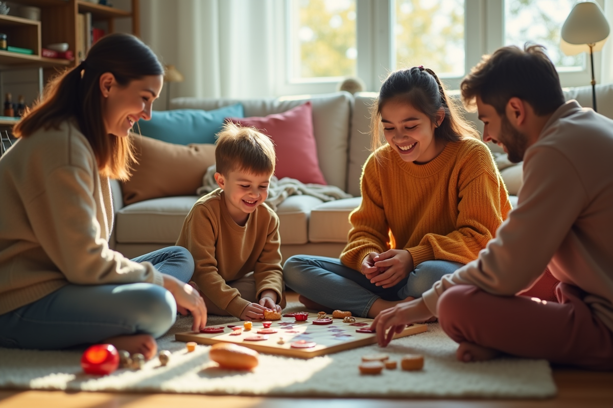 Famille jouant à des jeux de société dans un salon chaleureux