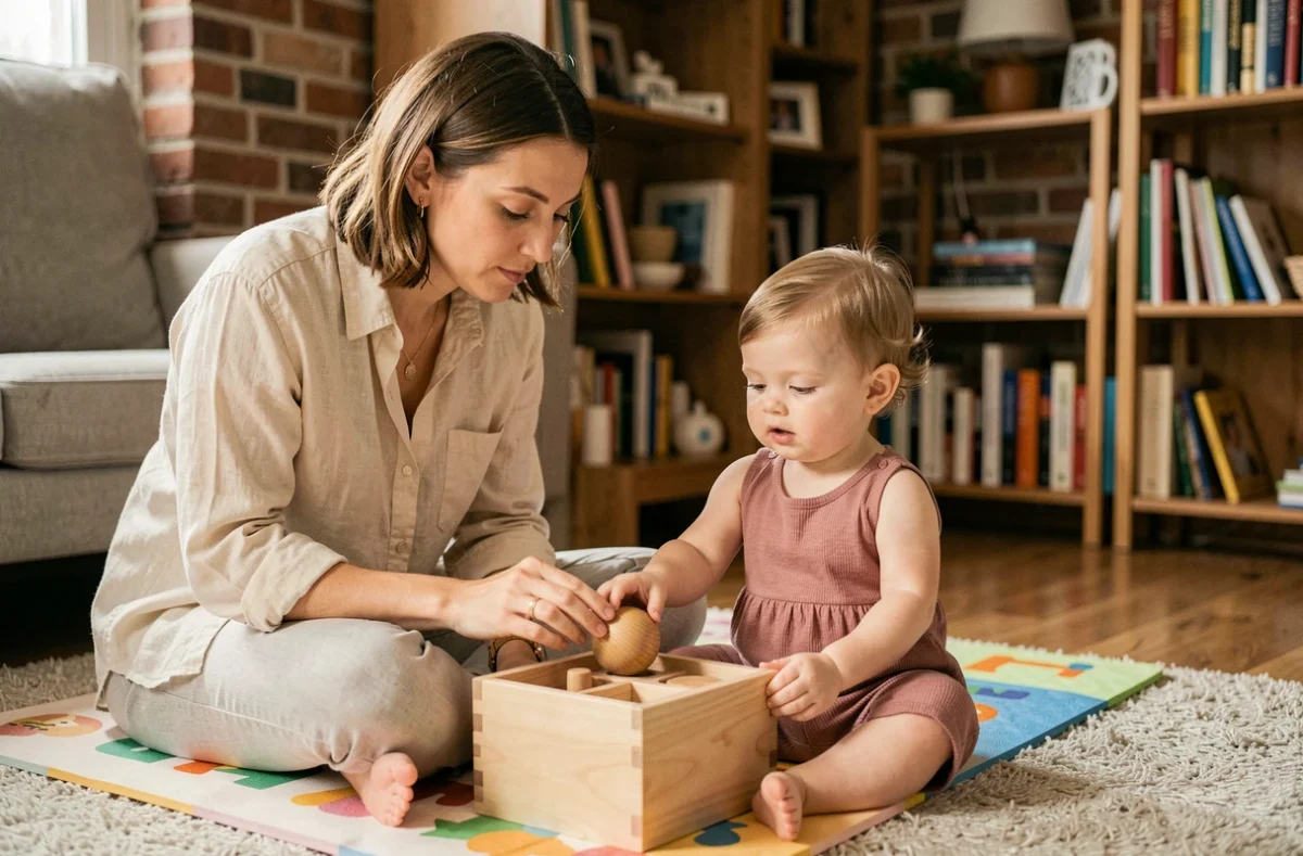 Maman et bébé de 12 mois jouant ensemble avec une boîte à permanence de l'objet Montessori sur un tapis doux