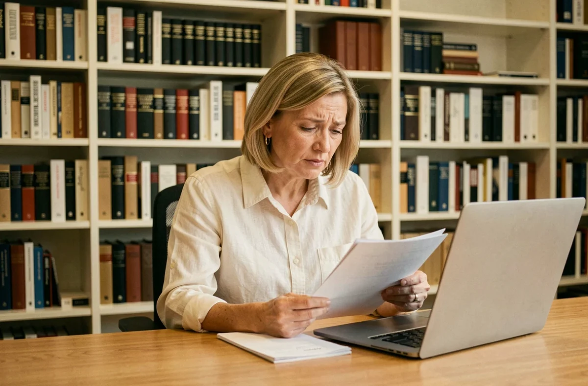 Journaliste femme assise à un bureau avec documents et laptop, bibliothèque en arrière-plan, pression vie médiatique