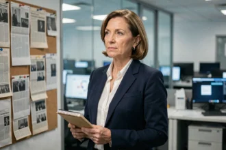 Journaliste femme dans une salle de rédaction moderne, tenant un carnet, regard pensif, ambiance presse éditoriale