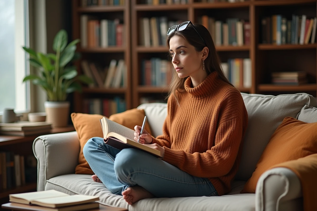 Journaliste pensive dans son espace privé entourée de livres et de notes dans un intérieur chaleureux