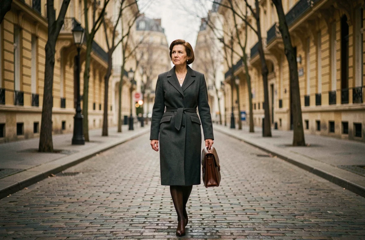 Femme journaliste marchant dans une rue parisienne pavée, manteau gris, atmosphère vie publique et privée