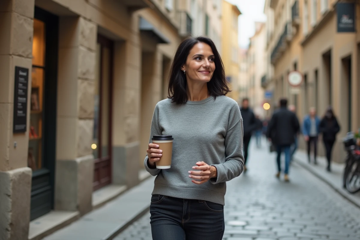 Femme journaliste dans sa vie quotidienne marchant dans une rue pavée européenne avec un café à la main