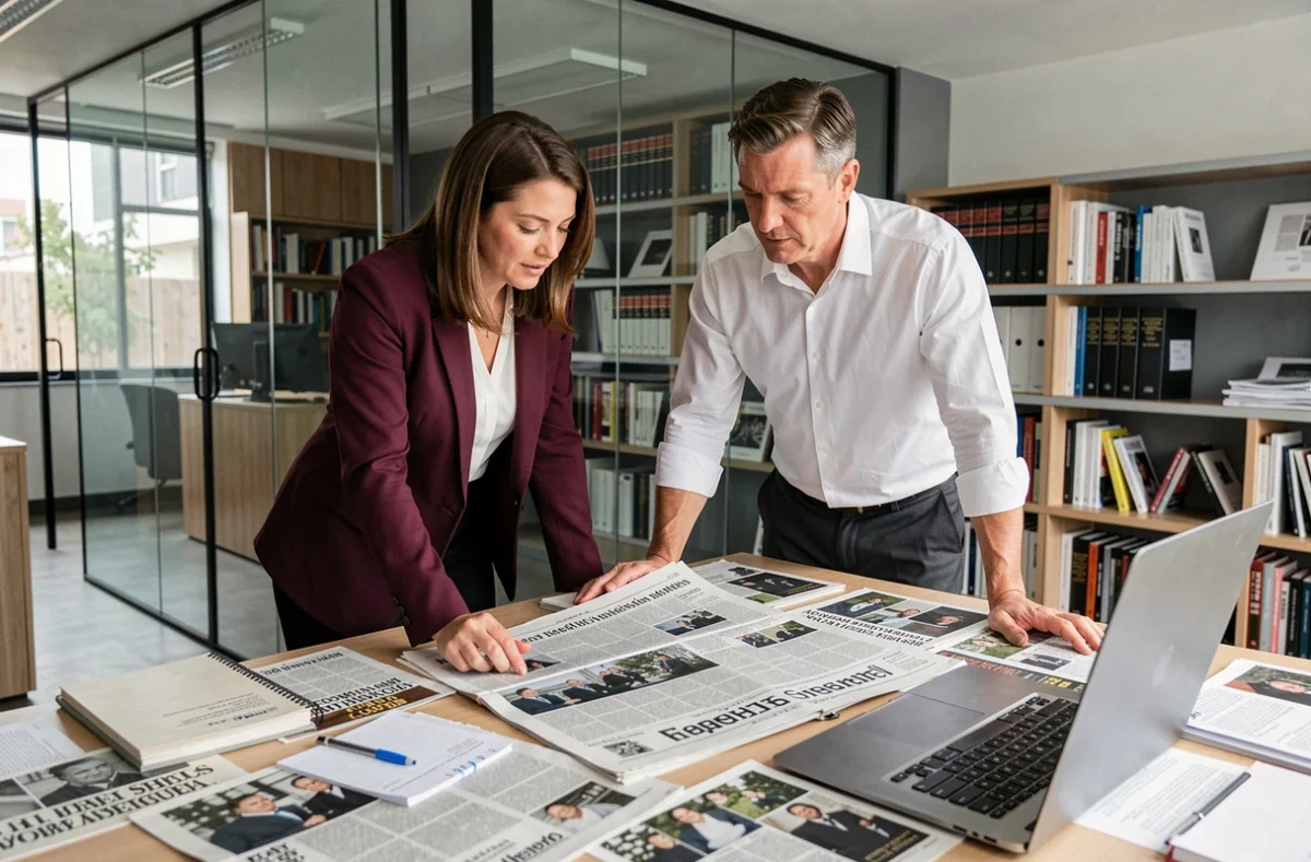 Journaliste et collègue analysant des articles de presse dans une rédaction moderne